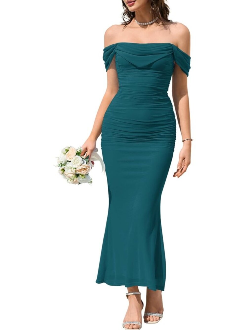 Women's Lake Blue Corset Ruched Off The Shoulder Bodycon Cocktail Maxi Dress
